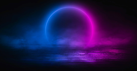 Wall Mural - background of empty stage, room. reflection on wet pavement, concrete. neon blurry lights. neon circ