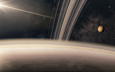 Wall Mural - artist's view of the planet saturn and its moon titan