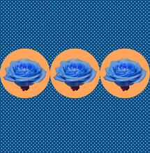 Funny Collage Of Blue Roses Buds Flowers On Orange Circles And Background With Dots. Zine Culture. Retro Style.