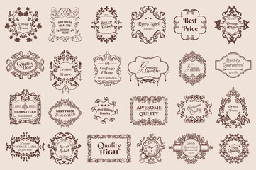 Sticker - label creative modern vintage calligraphic design elements. Decorative swirls or scrolls, vintage elements, flourishes, labels and dividers,. Retro vector illustration