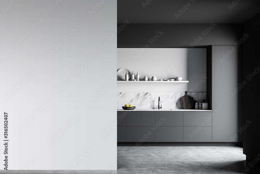 Gray and white kitchen with mock up wall - obrazy, fototapety, plakaty 