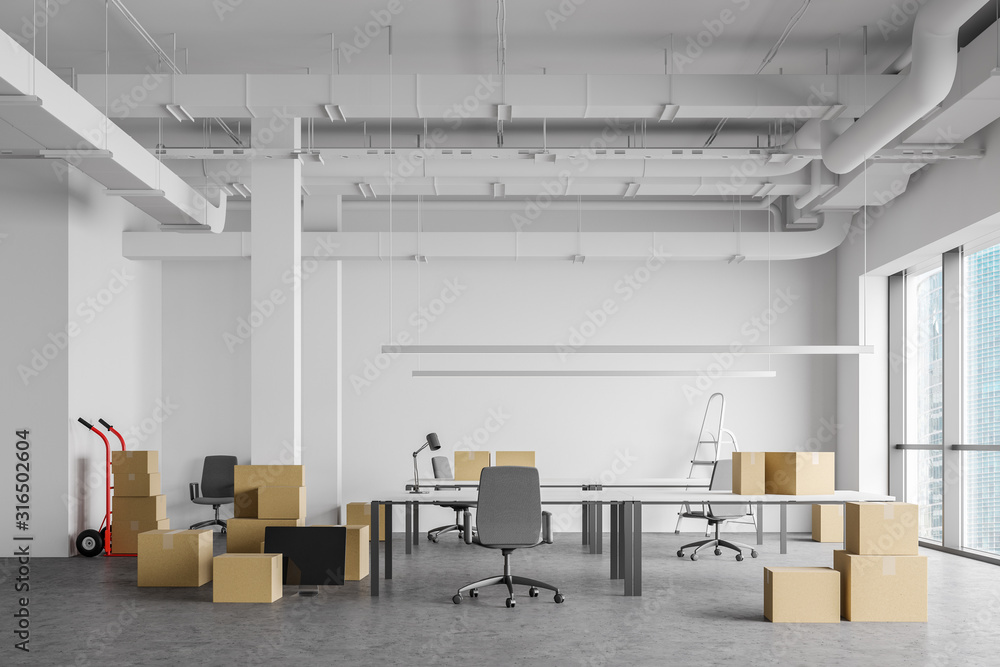 Boxes in open space office, moving concept - obrazy, fototapety, plakaty 