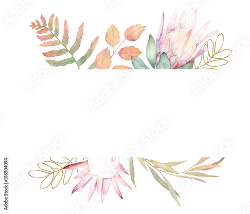 Wedding invitation template with  watercolor eucalyptus, gold leaves and prot...