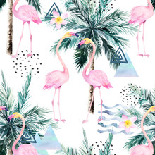 Abstract Tropical Pattern With Flamingo And Palm Tree. Watercolor Seamless Print. Minimalism Watercolour Illustration