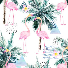 Abstract tropical pattern with flamingo and palm tree. Watercolor seamless print. Minimalism watercolour illustration