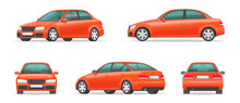 Set Of Different Angles Of A Red Car. City Sport Sedan View From The Side, Front, Rear And In Profile. Vehicle For Your Project