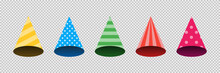 Cone Hat Vector Isolated Illustration. Birthday Set Of Hats. 3d Cone Hat For Celebration Design. Vector Collection.
