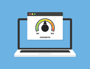 Wall Mural - laptop with speed test on screen, on blue background. vector illustration. laptop front view. downlo