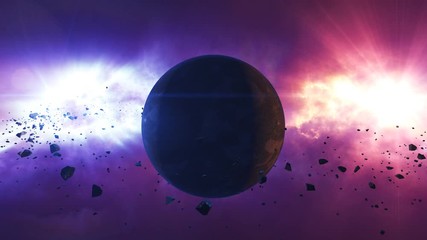 Wall Mural - asteroids or meteorites slowly move over abstract planet. science fiction fantasy animation backgrou