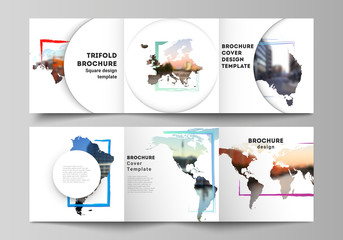 Vector layout of square format cover templates for trifold brochure, flyer, cover design, book design, brochure cover. Design template in the form of world maps and colored frames, insert your photo.