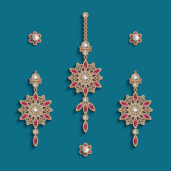 Vintage gold jewelry, earrings and forehead decoration with diamonds and precious ruby gemstones, elegant jewellery collection, set of filigree women's decoration in Indian style