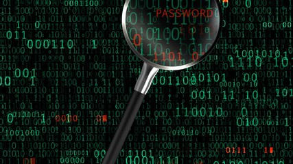 Wall Mural - abstract 3d animation of a magnifying glass finds different information like user logins, passwords 