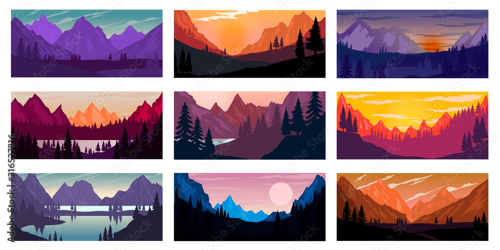 Set of poster template with wild mountains landscape. Design element for banner, flyer, card. Vector illustration - obrazy, fototapety, plakaty 