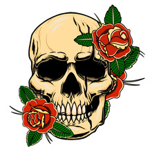 Illustration Of Vintage Human Skull With Roses. Design Element For Poster, Card, Banner, Sign. Vector Illustration