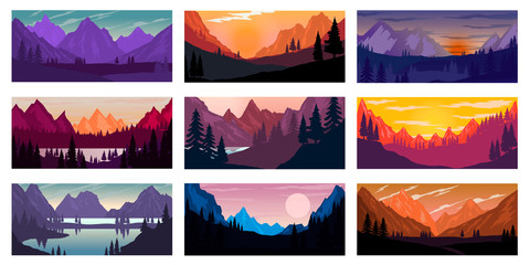 set of poster template with wild mountains landscape. design element for banner, flyer, card. vector