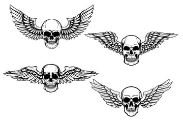 Wall Mural - Set of illustrations of winged skull isolated on white background. Design element for poster, card, banner, sign. Vector illustration