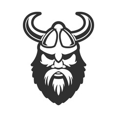 Viking head in horned helmet. Design element for poster, card, banner, sign. Vector illustration