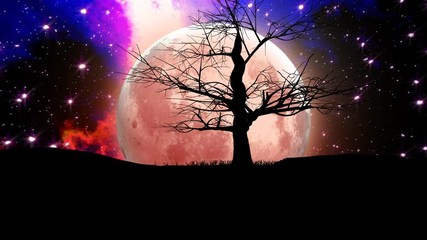 Wall Mural - fantasy landscape - lonely bare tree silhouette with a huge moon and nebula background. elements of 