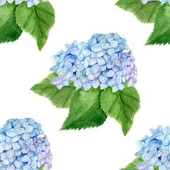 the finished image is a seamless pattern of blue hydrangea with green leaves, watercolor on a white background