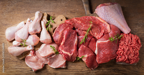 Zdjęcie: various types of fresh meat: pork, beef, turkey and chicken, top view various types of fresh meat: pork, beef, turkey and chicken, top view