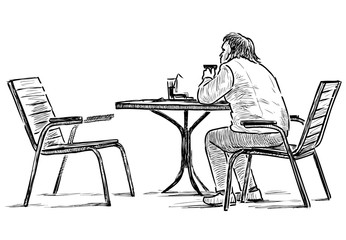 Sticker - Sketch of lonely townsman sitting in outdoor caffe in wait