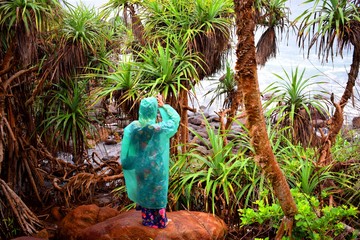 Wall Mural - Woman in a raincoat looks at the ocean