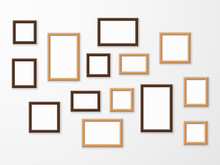 Wooden Frame. Wood Blank Picture Frames In Different Sizes On Wall. Museum Gallery Mockup Design, Advertising Image Templates Vector Set