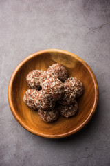 Aliv Laddu, Halim Ladoo or Garden cress Seed sweet Balls a very nutritious food in winters or for New Moms. popular food from India. served in a bowl or plate