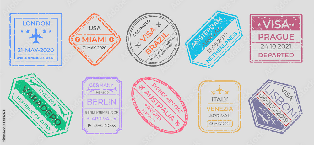 Passport stamps. International travel visa marking, business travel and immigration vintage labels. Vector airport stamp set world city travel arrivals symbol stamping traveling on gray background - obrazy, fototapety, plakaty 
