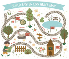 Easter Egg Hunt Map. Set Of Flat Spring Cartoon Elements. Vector Garden Scene With Cute House, Fence, Colored Eggs, Pond. .