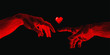 Hands going to touch together, look like the Michelangelo's art work. Cyberpunk 8-bit style art collage.