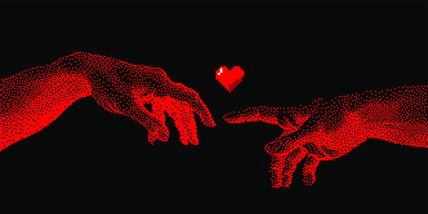 Wall Mural - Hands going to touch together, look like the Michelangelo's art work. Cyberpunk 8-bit style art collage.