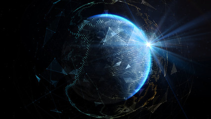 Wall Mural - The sun's rays over earth in outer space. Global world network and telecommunication on earth. Elements of this image furnished by NASA - 3d illustration.