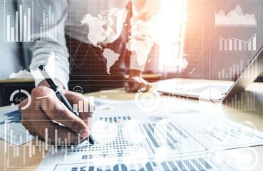 Fototapete - Data Analysis for Business and Finance Concept. Graphic interface showing future computer technology of profit analytic, online marketing research and information report for digital business strategy.