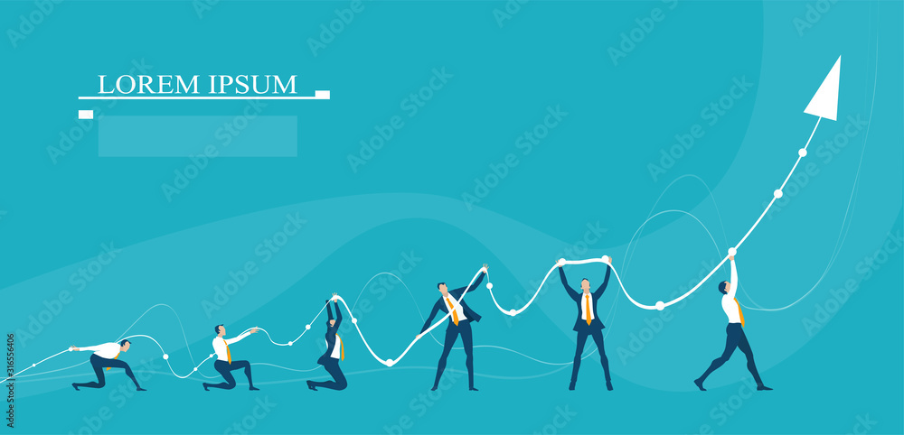 Business people holding up arrow, growth chart as symbol of working together, support and great achievement. Business concept illustration.  - obrazy, fototapety, plakaty 