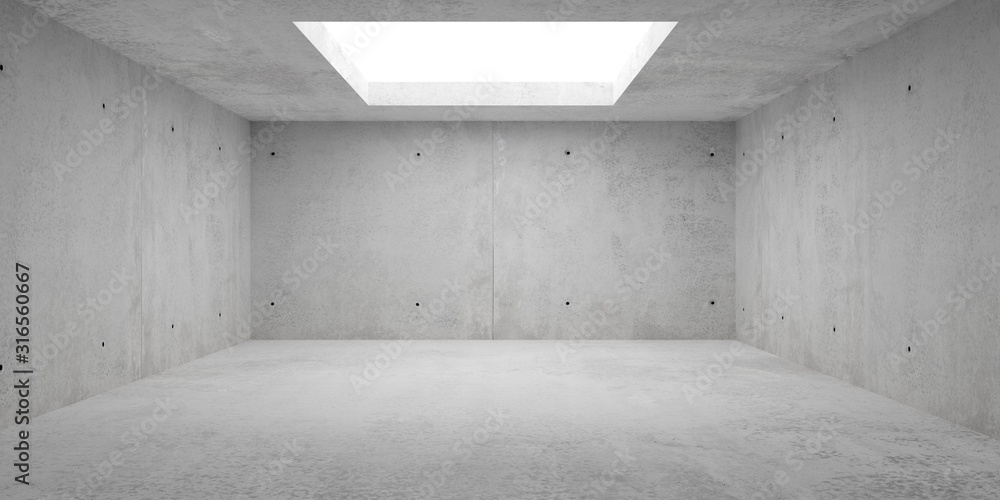Abstract empty, modern concrete room with lighting from opening in the ceiling - industrial interior background template, 3D illustration - obrazy, fototapety, plakaty 