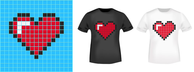 Pixel heart t-shirt print stamp for tee, t shirts applique, fashion, badge, label retro clothing, jeans, and casual wear. Vector illustration