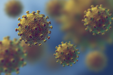 Flu or HIV coronavirus floating in fluid microscopic view, pandemic or virus infection concept