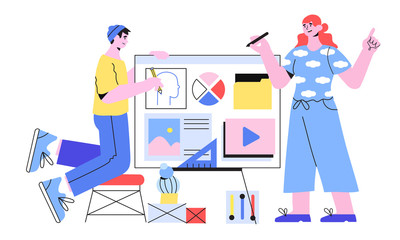 Wall Mural - vector illustration of designers doing presentation or preparing a new project. creative team of web