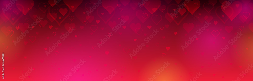 Red banner with valentines hearts. Valentines greeting banner. Horizontal holiday background, headers, posters, cards, website. Vector illustration - obrazy, fototapety, plakaty 