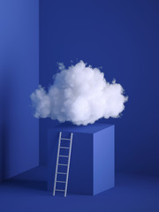 Wall Mural - 3d render of white soft cloud, cube podium, pedestal, minimal room interior, ladder, stairs. objects
