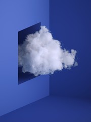 Wall Mural - 3d render, white fluffy cloud flying out the window, hole in the wall. Minimal room interior. Objects isolated on blue background, modern design, abstract metaphor. Color of the year 2020