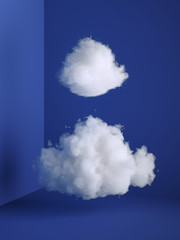 Wall Mural - 3d render, white fluffy clouds levitating inside the minimal room interior. Objects isolated on blue background, modern design, abstract metaphor. Color of the year 2020
