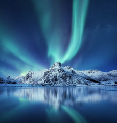 Wall Mural - aurora borealis, lofoten islands, norway. northen lights, mountains and reflection on the water. win