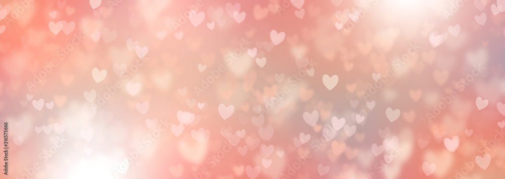 Hearts Abstract Background in Pink Pastel colors. Happy Valentine's Day Banner. Hearts bokeh. Love pattern. Spring tones Valentines Day Poster - obrazy, fototapety, plakaty 