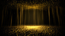 Abstract Background Shining Golden Floor Ground Particles Stars Dust. Futuristic Glittering In Space On Black Background.