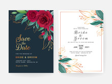 Set Of Cards With Floral Border. Navy Blue Wedding Invitation Template Design Of Red Rose Flowers And Gold Leaves. Botanic Illustration Decoration For Save The Date, Event, Cover, Poster Vector