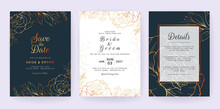 Set Of Cards With Line Art Floral. Navy Blue Wedding Invitation Template Design Of Luxury Gold Flowers And Leaves. Botanic Illustration Decoration For Save The Date, Event, Cover, Poster