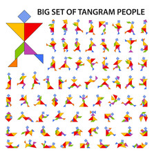 Set Of Vector Tangram Puzzles (geometric Puzzle) For The Development Of Logical Thinking Of Children And Adults. Collection Of 72 Color People Silhouettes. Vector Illustration