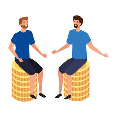 Wall Mural - young men sitting in pile coins isolated icon